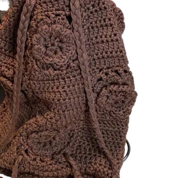 Hand Crocheted Chocolate Brown Backpack Flowers and Braided Straps - Picture 2 of 5